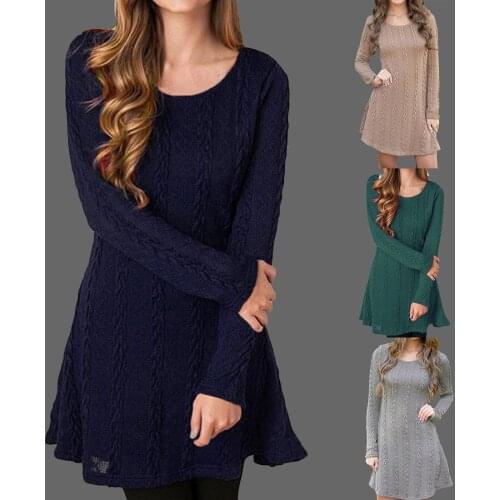 M-5XL Elegant Women Autumn Winter Casual Long Sleeve O Neck Twist Knitted A-Line Sweater Dress Female Chic Knit Sexy Dress