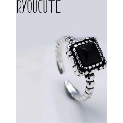 Boho Vintage Silver Color Black Square Rings for Women Lover Finger Ring Valentines Day Gifts