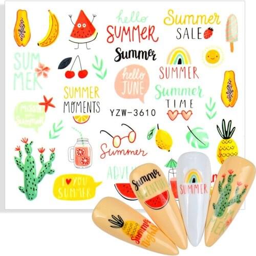 1pcs Summer Fruit Water Decals Watermelon Cherries Banana Lemon Strawberry Letter Designs Nail Stickers Wraps Slider Decoration