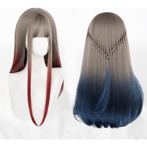 2 Colors Gradient Gray Pink Blue Lolita Wig Harajuku Fairy Cosplay Bangs Curly Long Straight Sweet Fringe Adult Girls Hair