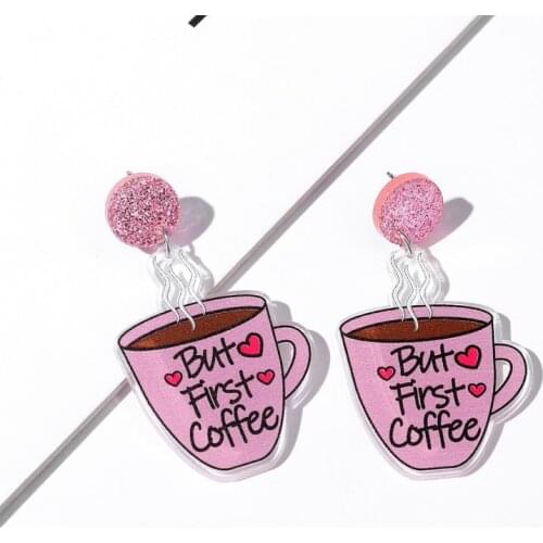 2021 New Acrylic laser jewelry Simulation Of Water Bottle Cute But First Coffee cup Earrings For Women False Food And Beverage