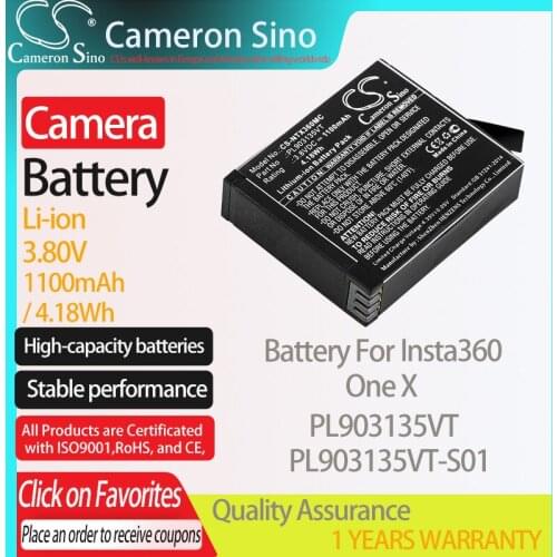 CameronSino Battery for Insta360 One X fits Insta360 PL903135VT PL903135VT-S01 camera battery 1100mAh/4.18Wh 3.80V Li-ion Black