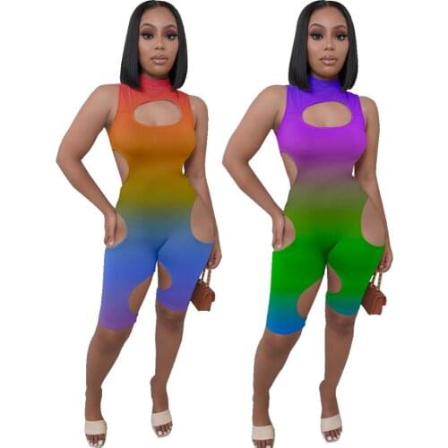 Echoine Women Gradient Print Cut Out Hole Playsuit Sexy Beach Hollow Out Turtlenck Sleeveless Club Night Party Romper Overalls
