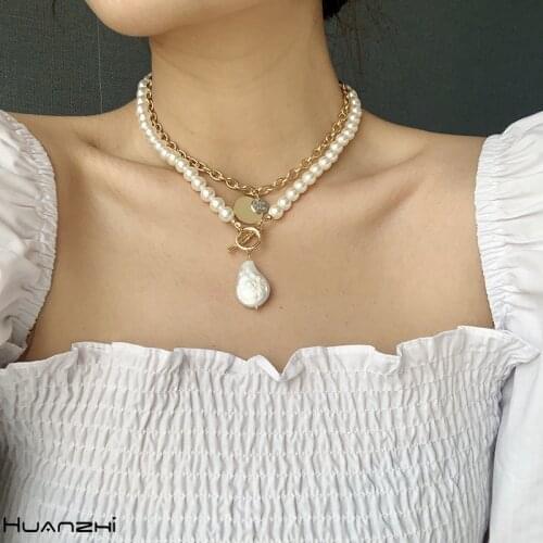 HUANZHI 2020 New Natural Baroque Shaped Pearl Metal Chain Sweater Chain Necklace Necklace For Women Girls Party Jewelry Gifts