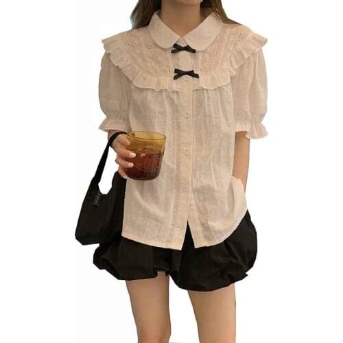 Kawaii Blouse Shirts Women Top Aesthetic Peter Pan Collar Cute Bow Cotton Sweet Shirts for Teenage Girls Summer Japanese Style