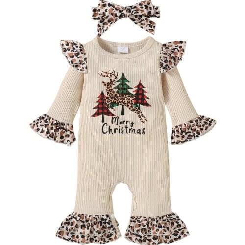 Baby Leopard Print Clothes Sets Christmas Long Flared Sleeve O-neck Jumpsuits+Bow-knot Headband Casual Xmas Warm Outfits