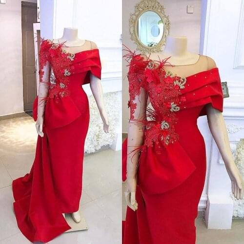 SuperKimJo Red Evening Dresses Long Feather Beaded Modest Elegant Formal Dresses 2021 Abendkleider Vestidos Formales