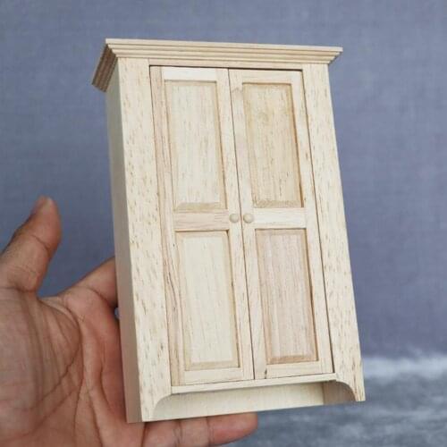 1:12 Scale Dolls House Handmade Rustic Vintage Wooden Double Door Unpainted Wardrobe Bedroom Living Room Furniture Closet Decor
