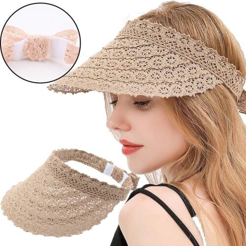 Fashion Women Straw Sun Visor Hat Wide Brim Summer UV Protection Beach Cap Foldable Hollow Top Hat Solid Color Sunscreen Caps