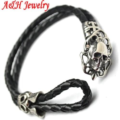 5pcs Skull Head Toggle Clasp Genuine Leather Bracelets For Punk Men and Women Jewelry