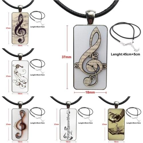 For Unisex Gift Stainless Steel Color Glass Cabochon With Rectangle Shaped Pendant Choker Necklace Musical Notes