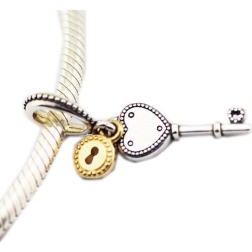 Golden Shine Lock Heart Key Pendant Charms for Chain Bracelets Women 925 Sterling Silver Jewelry Fine Charms for Jewelry Making