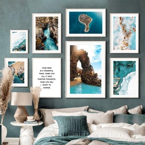 Blue Sea Small Island Peach Blossom Nordic Posters And Prints Wall Art Canvas Painting Wall Pictures For Living Room Club Decor