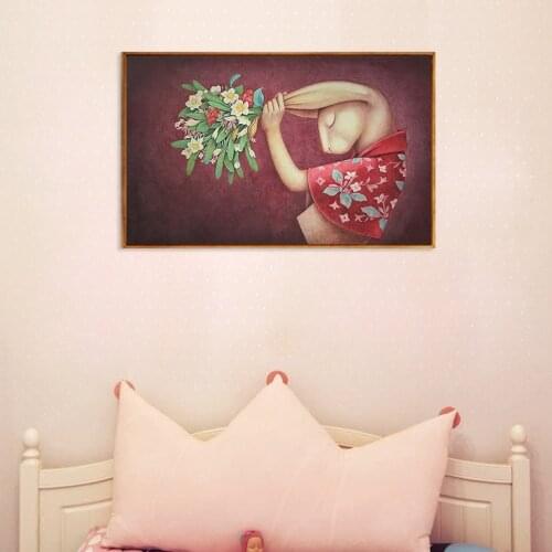 Vintage Cartoon Watercolor Miss Rabbit Canvas Frameless Oil Painting Family Decoration Hanging Painting Living Room Entrance