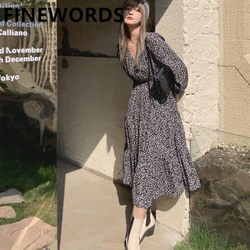 FINEWORDS Vintage Spring Black Floral Dress Women Korean Casual Printed Long Sleeve Dress V Neck A Line Elegant Party Dresses