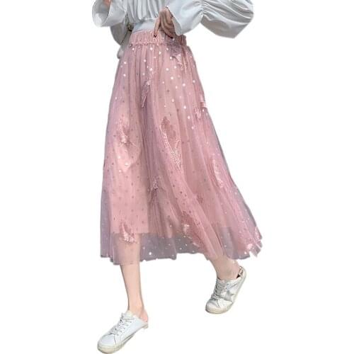 Embroidered Tulle Midi Skirt Fashion A-line Mesh Skirt Elegant High Waist Floral 2021 Summer Women Female Polyester Casual