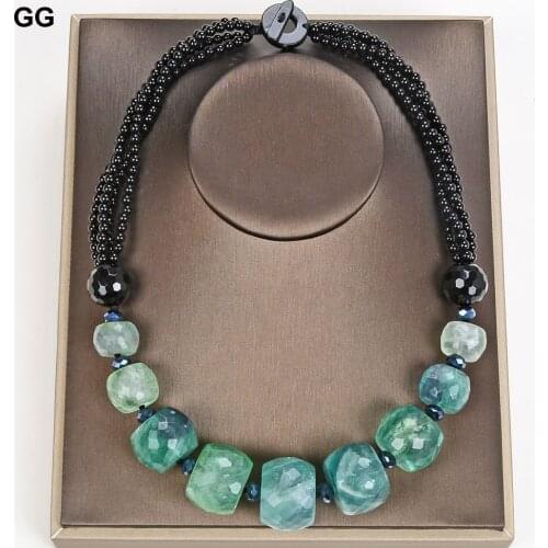 GuaiGuai Jewelry 20'' Handmade Natural Green Fluorite Black Onyx Crystal Necklace OT Clasp For Women