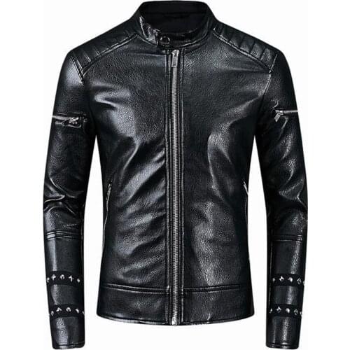 Occident autumn stand collar patchwork mens pu jacket punk rivet Slim fit Black locomotive leather coat