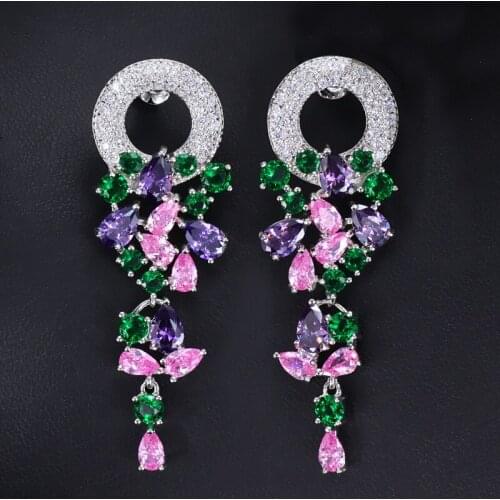2019 New Costume Jewelry Silver Color Beautiful Long Dangle Drop Multicolored CZ Earrings for Women