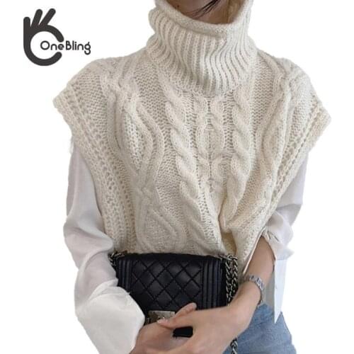 OneBling Autumn Winter Traf Turtleneck Sleeveless Sweater Vest Women Twist Pattern Short Pullover Waistcoat Loose Knitwear Tops