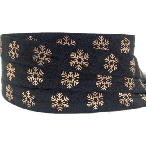 Hot Sale 3 Color Rose Gold Snowflake Print Fold Over Elastic 5/8" FOE Ribbon 10 Yard/lot for Hair Tie Hair Accessories wholesale