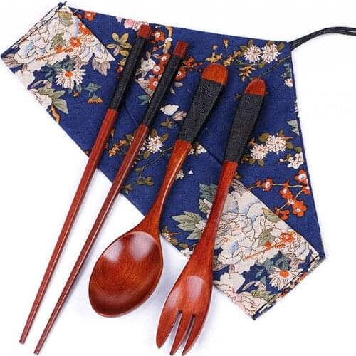 3pc Natural Wooden Tableware Set Black Binding Line Gift Kitchen Accessories Gadgets Chopsticks+Fork+Spoon