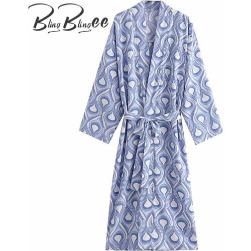 BlingBlingee Za 2021 Summer Woman Traf Blouses Geo Print Drop Shoulder Long Sleeve Kimono Shirt Mid-Length Loose Casual Tops