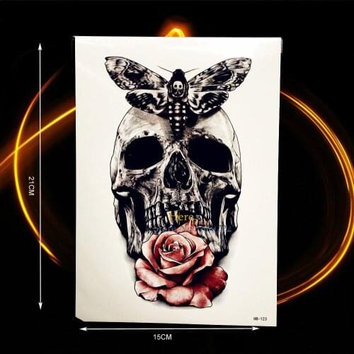 Large Size 21x15CM Dragonfly 3D Dead Skull Head Disposable Tattoo Roses Flower Men Body Art ARm Sleeve Temporary Tattoo Stickers
