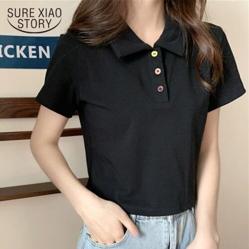 Korean Short-sleeve Slim T-shirt Spring Summer Shirt Cotton Elastic Polo Collar T-shirt Women 3 Colors Shirts for Women 13330