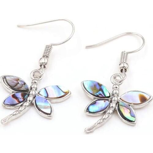 FYJS Unique Silver Plated Abalone Shell Dragonfly Shape Drop Earrings Modern Accessories