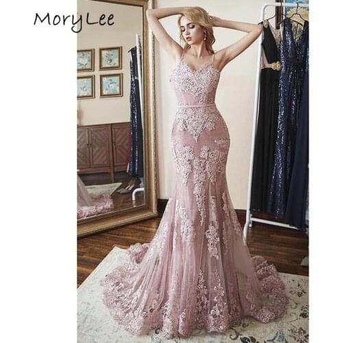 Lace Evening Dresses V-Neck Spaghetti Straps Mermaid Floor Length Soft Tulle Evening Dresses Lace Up vestidos de fiesta de noche