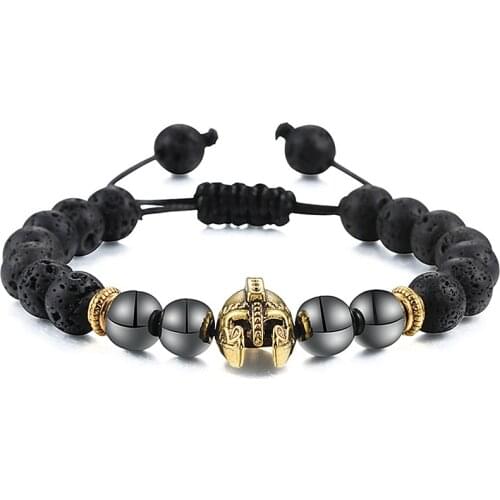 Men 8mm Lava Stone Bracelets Natural Red Turquoises Hematite Beads Weaving Bracelet Gold Knight Warrior Helmet Women Accessories
