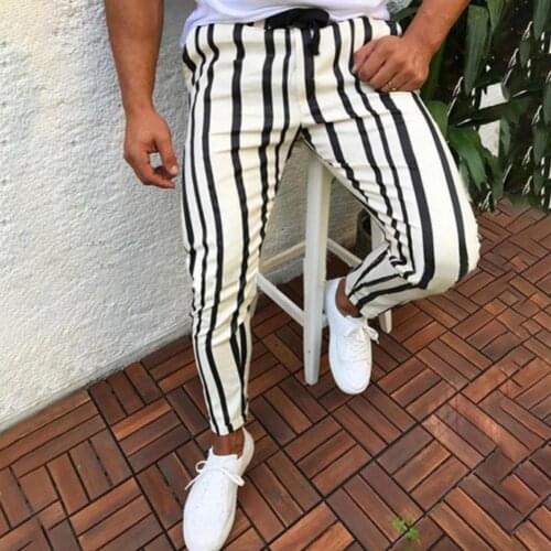 Mens sports casual pants all-match chic mens vertical stripes printed drawstring tight pencil pants daily shopping pants