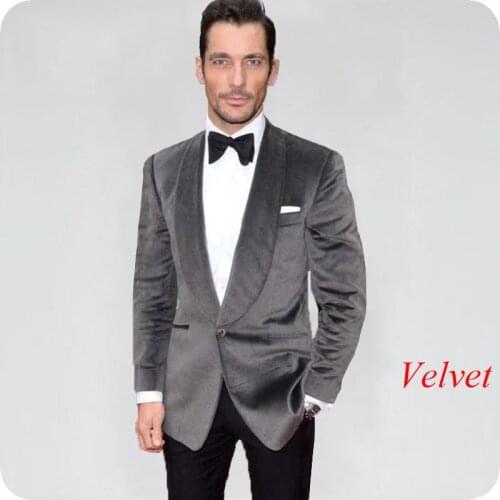 Latest Designs Smoking Jacket Grey Velvet Men Suits Wedding Suit Groom Tuxedo 2Piece Slim Man Blazers Prom Party Terno Masculino