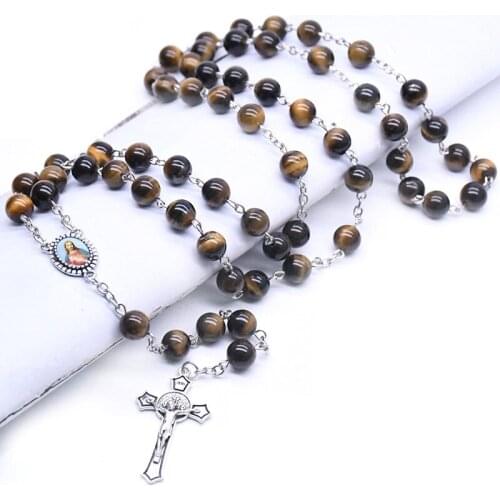 Holy Father Natural Tiger Eye Stone Cross Rosary Necklace Prayer Beads Chain Catholic Church Supplies Wholesale Jewelry