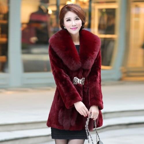 2017 Luxury Genuine Real Rex Rabbit Fur Coat Winter Women Fur Outerwear Coats Fox Fur Collar Lady Overcoat 0707
