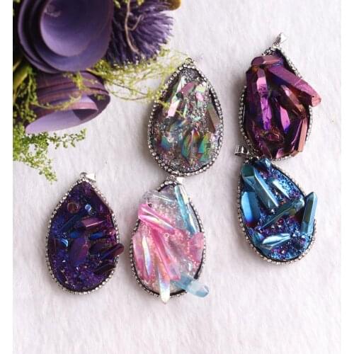 6 pcs 56*36mm Chakra Colorful Crystal Quartz Pendant Natural Stone Jewelry Necklace Pendants Pendulum Amulet For Wholesale