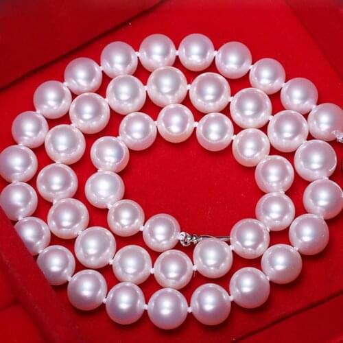Luster luxury natural 17" 10-11mm white pearls necklace magnet 925 silver clasp