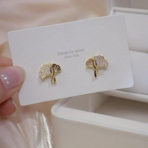 14k Real Gold Filled Ginkgo Biloba Women Earring Cubic Zirconia Charm Bling Crystal Stud Earrings Wedding Jewelry Accessories