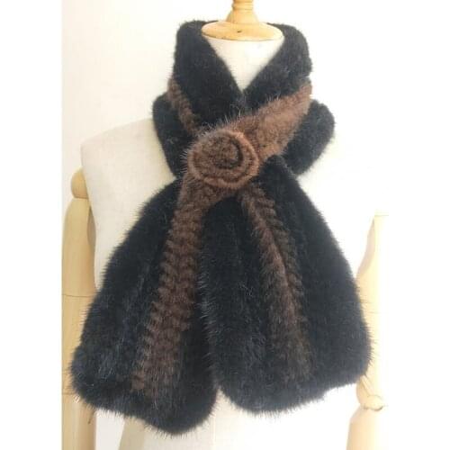 Stock Real Knitted Mink Fur Scarf Women Winter Warm Thick Genuine Fur Scarves Female Fur Neck Warmer With A Flower Ladies
