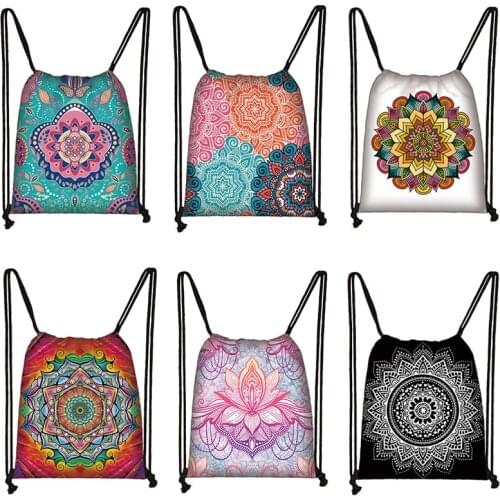 Mandala Floral Printing Drawstring Bag Women Like Mandala Backpack Travel Shopping Portable Foldable Storage Bag