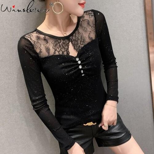 Spring Fall Korean Clothes T-Shirt Girl Sexy Shiny Hollow Out Drape Button Patchwork Lace Long Sleeve Women Tops Tees T11401A