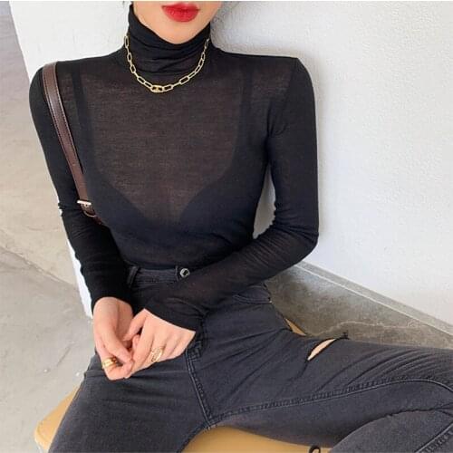 Women T-Shirt Long Sleeve Korean Style Slim Turtleneck Cotton Sexy Thin Tshirt Top Womens Clothing Autumn Black T Shirt Femme