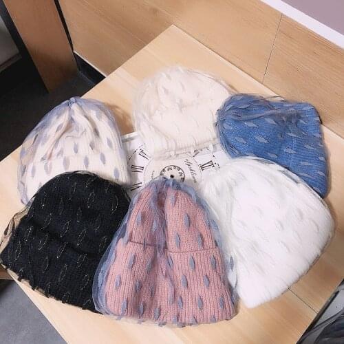 Women Autumn Winter Knitted Mesh Beanie Hat Elastic Warm Dot Cap