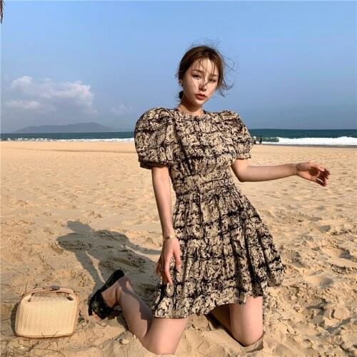Fashion Print woman dress O Neck High Waist Casual holiday dresses for women Puff Sleeves Loose Fit long vestidos 2021