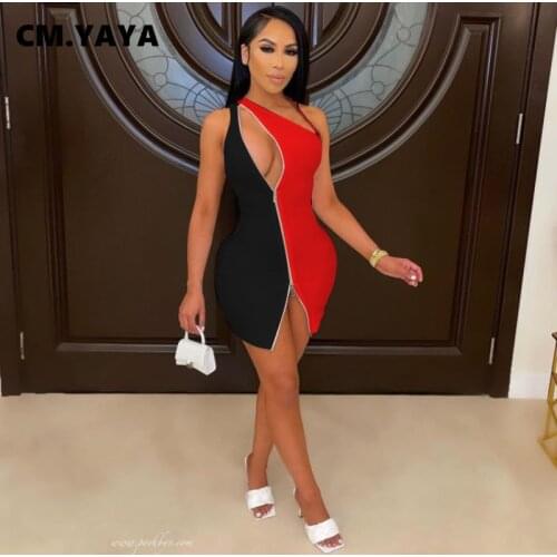 CM.YAYA Women Dress Patchwork Zipper Asymmetrica Collar Sleeveless Mini Dresses Sexy Night Clubwear Summer Outfit Fashion 2021