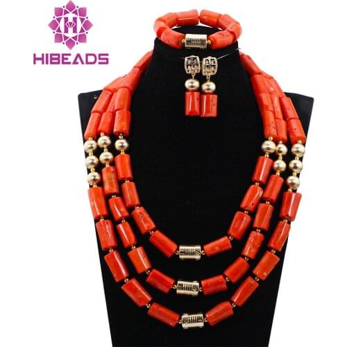 2017 Newest Orange 3 Rows Coral Beads Jewelry sets African Wedding Bridal/Women Beads Necklace Jewelry Set Free Shipping CJ872