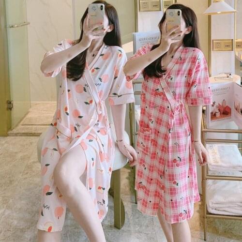 2020 Summer Short Sleeve Kimono Robes for Women Loose Print Bathrobe Sleepwear Night Dress Home Dress Nightwear Homewear Nighty