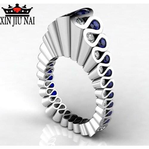 2020 neo-goth luxury white blue wave dress pattern crystal zircon silver glamour gift engagement party wedding ring