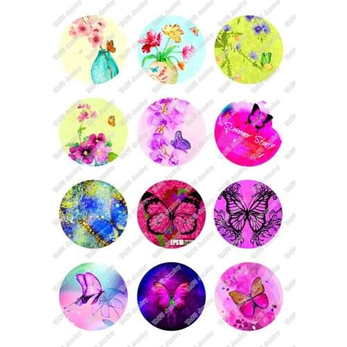 24pcs/lot 24 Different Styles Butterfly Round Glass Cabochon Demo Flat Back for Hand Made Bracelets Jewelry Findings T097